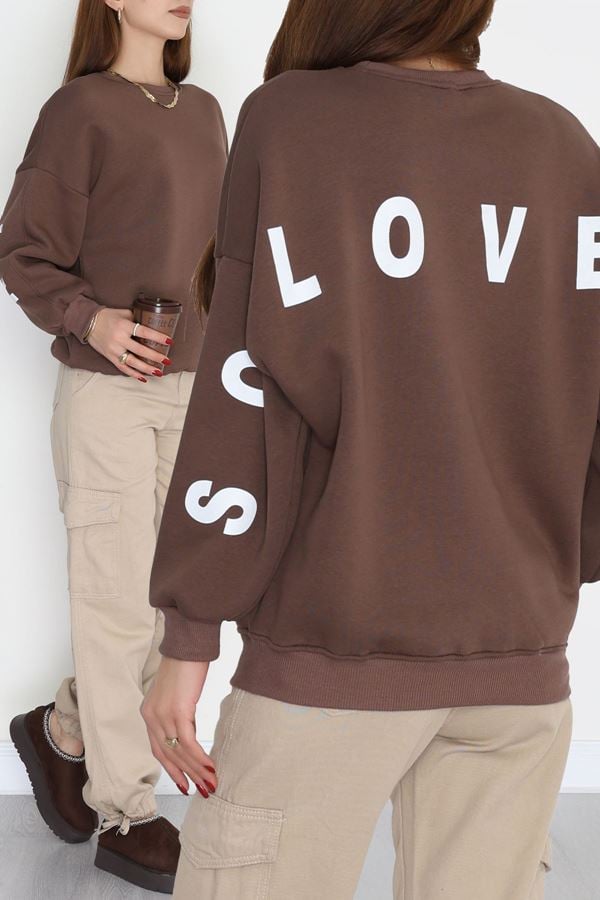 3 İplik Şardonlu Oversize Sweat Kahve - 50918.1878.