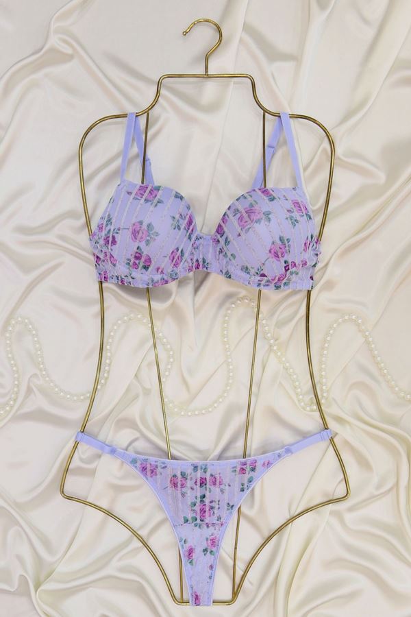 Çiçek Baskılı Dikine Flok Çizgili Takım Boş Mavi - 2565-B.1783.