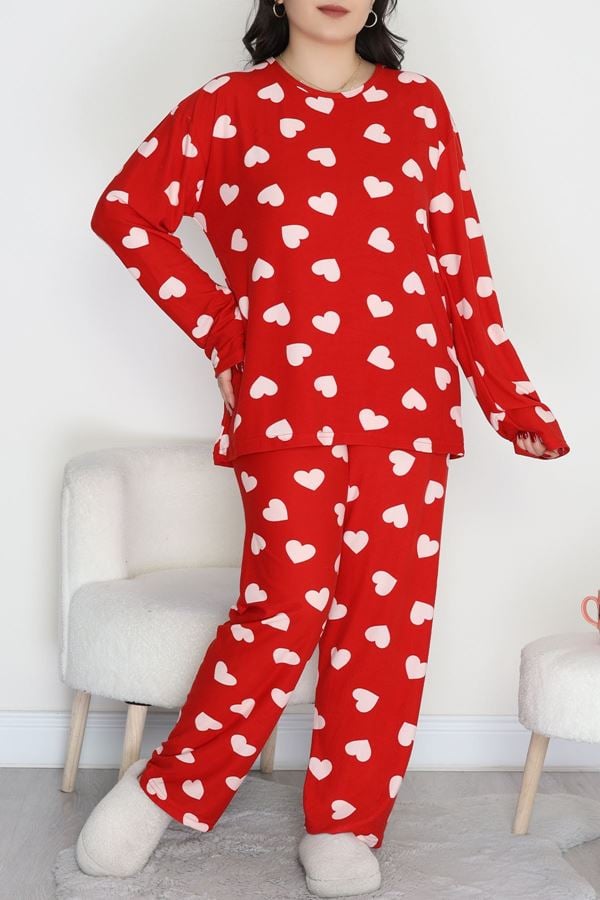 Süet Büyük Beden Alt Üst Aynı Pijama Takımı Kırmızıbeyaz - 120.1287.