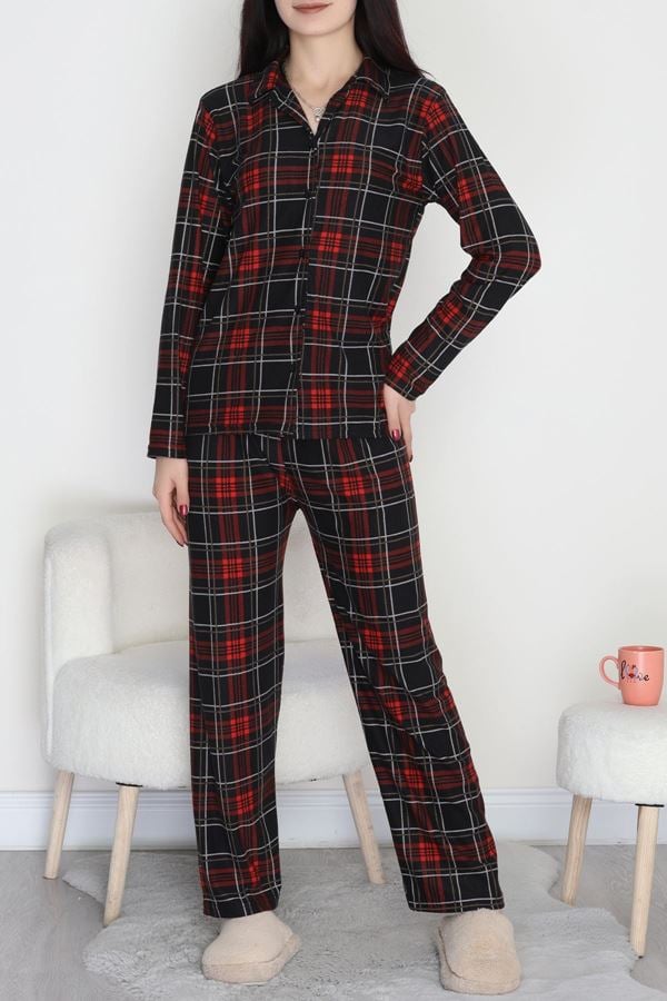Düğmeli Süet Pijama Takımı Ekose - 450.1287.