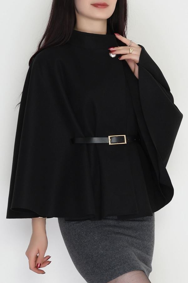 İthal Kaşe Kemerli Panço Siyah - 31530.1977.