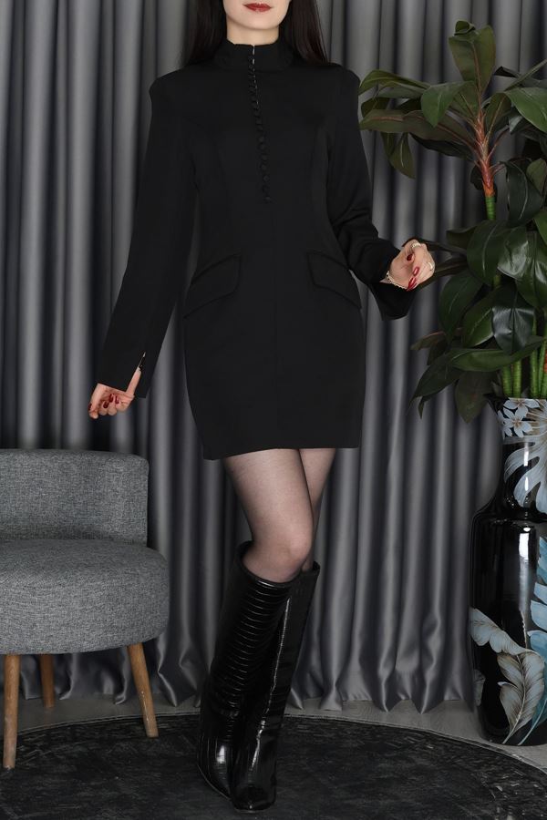 İspanyol Kol Düğmeli Elbise Siyah - 42461.1997.