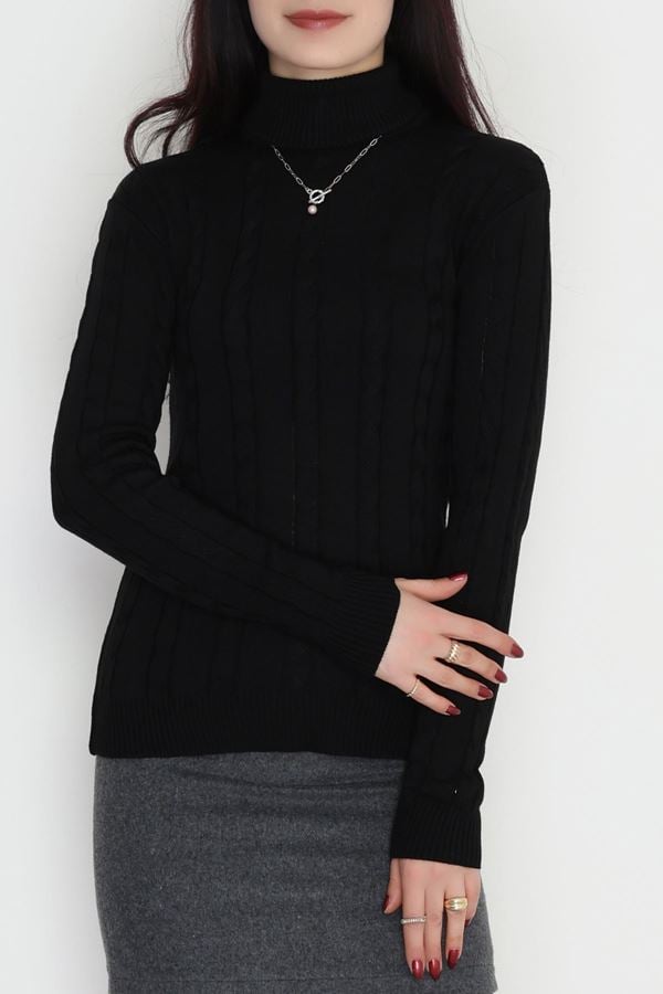 Örgü Desenli Balıkçı Yaka Triko Siyah - 4015.2043.