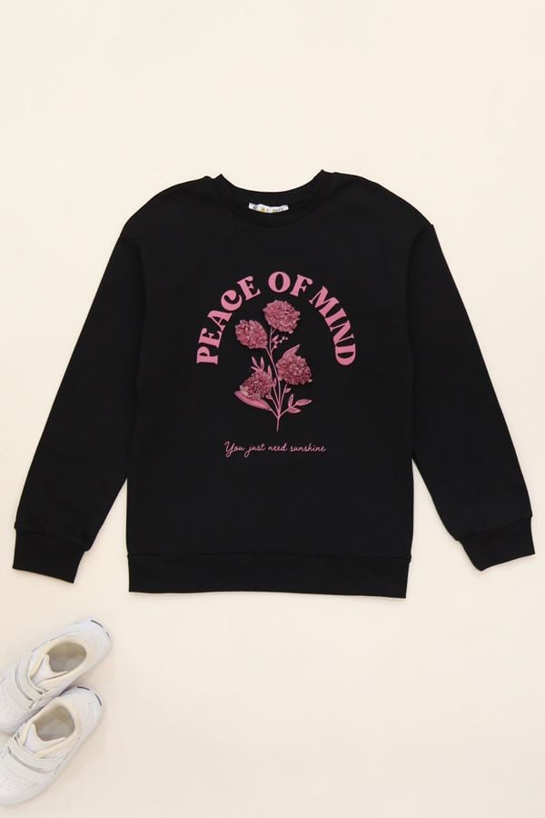 Çiçek Baskılı 8-12 Yaş Çocuk Sweatshirt Siyah - 724869.1576.