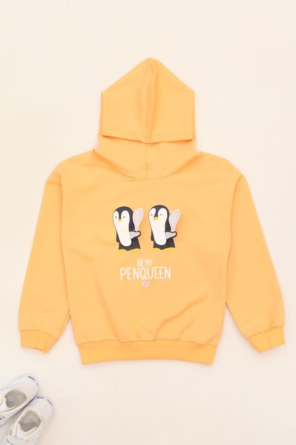 2 İp Penguen Baskılı 3-7 Yaş Kapüşonlu Sweatshirt Turuncu - 625503.1576.