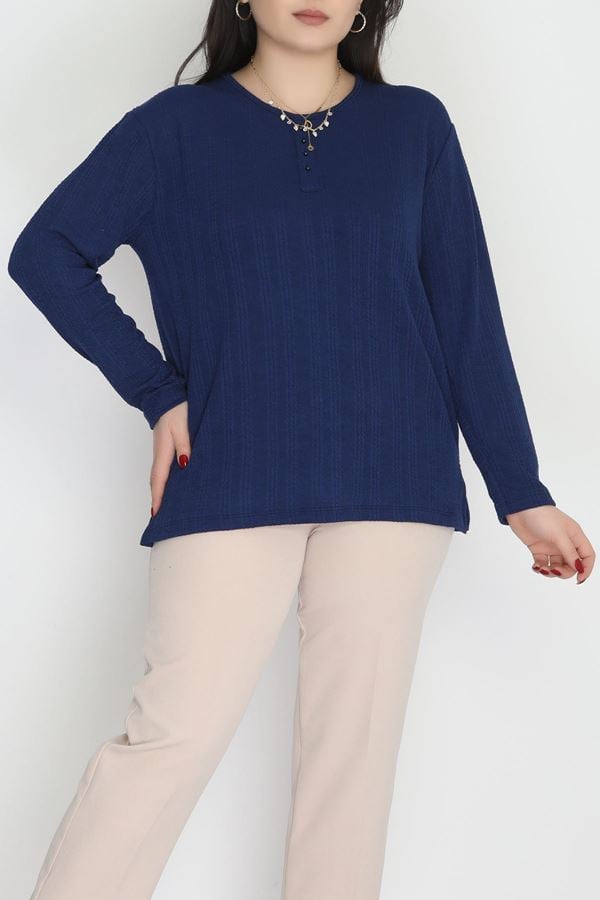 Burgu Kumaş Bisiklet Yaka Büyük Beden Bluz Lacivert - 70756.1954.