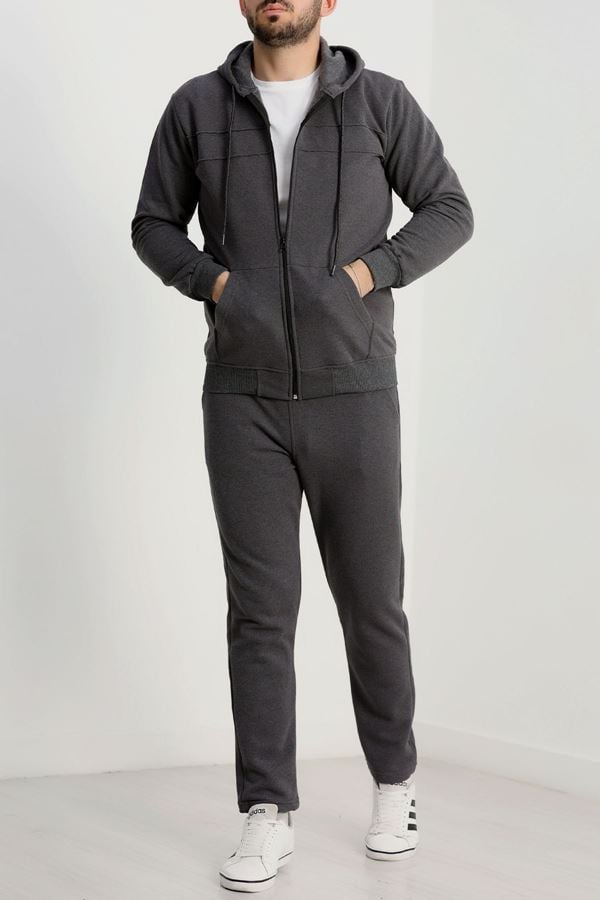 Şardonlu Pike Kapşonlu Erkek Eşofman Takımı Antrasit - 42215.1937.