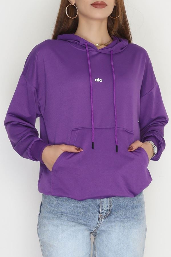 2 İplik Kapşonlu Baskılı Sweatshirt Mor - 31315.1878.