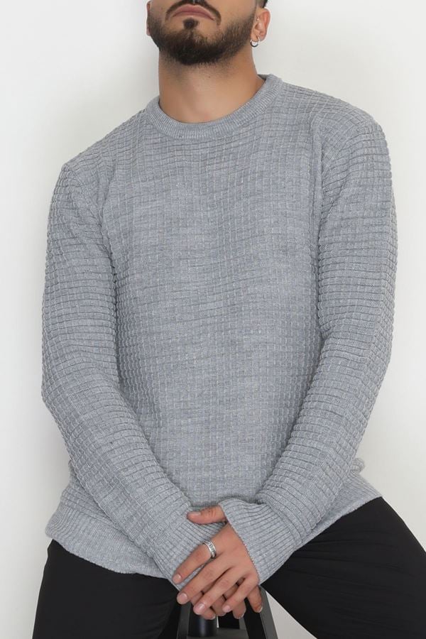 Bisiklet Yaka Desenli Erkek Triko Gri - 70776.1766.