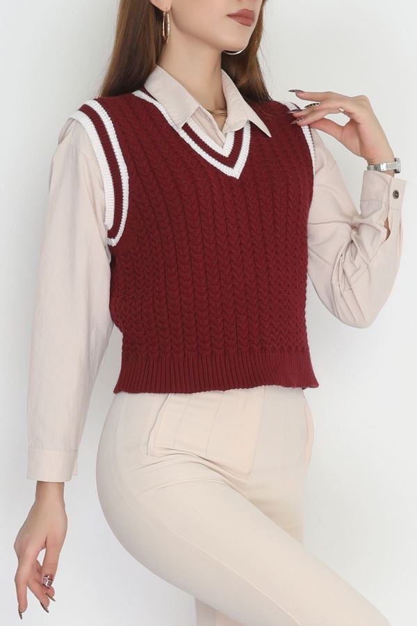 V Yaka Triko Süveter Bordolatte - 493.1577.
