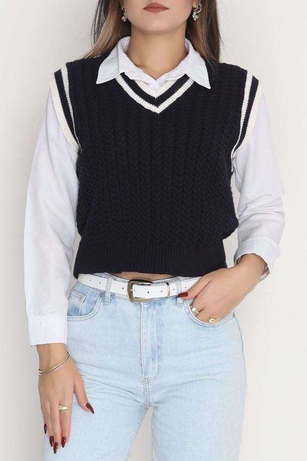 V Yaka Triko Süveter Lacivertlatte - 493.1577.