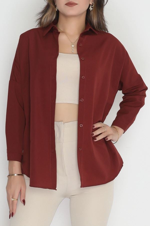 Terikoton Oversize Gömlek Bordo - 30840.1949.