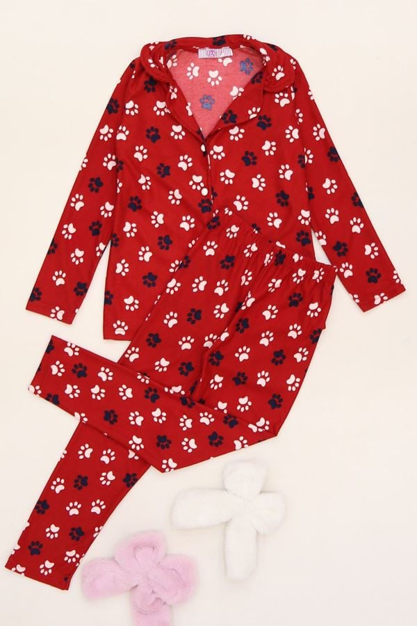 5-12 Yaş Süet Düğmeli Pijama Takımı Kırmızı - 50760.1048.