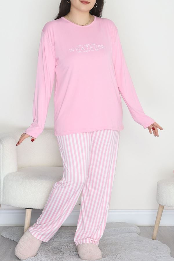 Şardonlu Milan Büyük Beden Pijama Takımı Pembeçizgili - 665.1287.