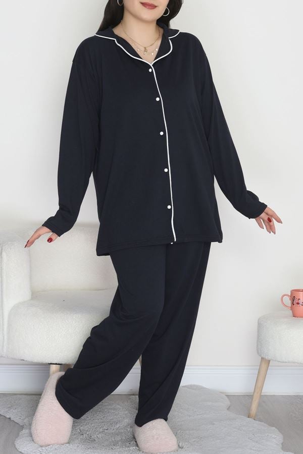 Süprem Büyük Beden Düğmeli Pijama Takımı Lacivert - 50718.1950.