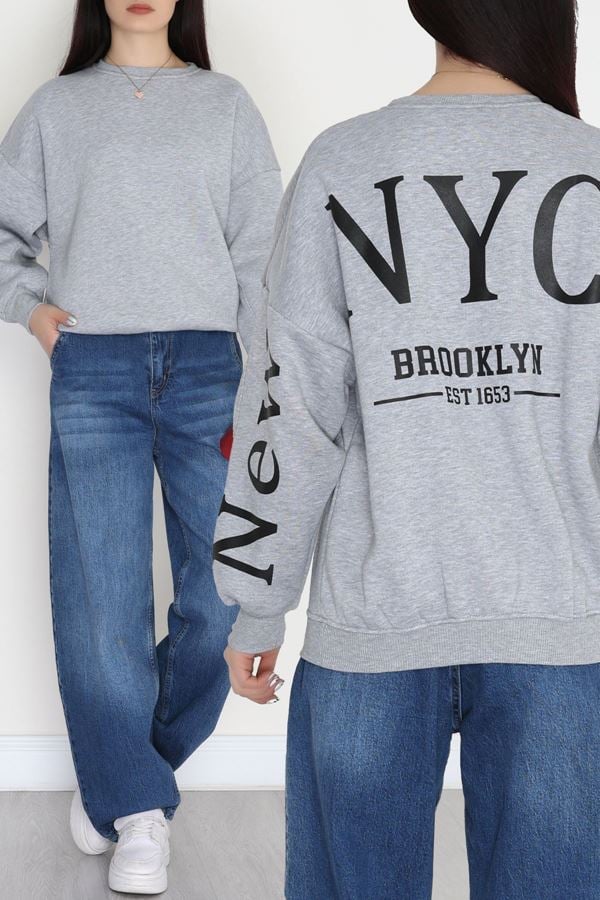 3 İplik Şardonlu Oversize Sweat Gri - 50922.1878.