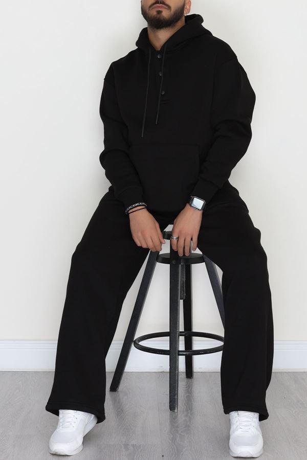 3 İplik Şardonlu Kapşonlu Erkek Takım Siyah - 42524.2086.