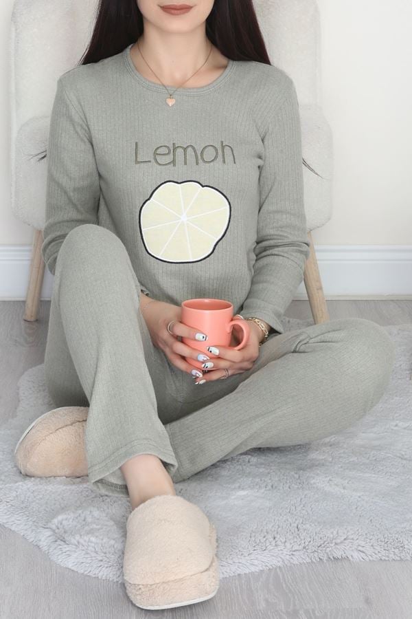 Nakışlı İnterlok Pijama Takımı Yeşillimon - 800.1287.