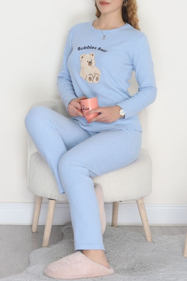 Nakışlı İnterlok Pijama Takımı Maviayı - 800.1287.