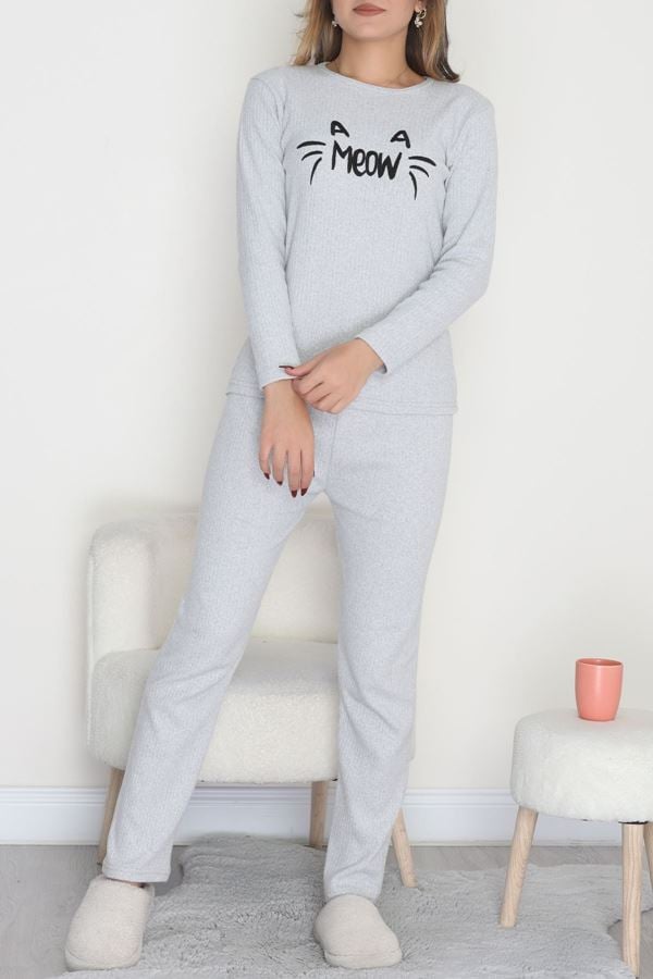 Nakışlı İnterlok Pijama Takımı Gri meow - 800.1287.