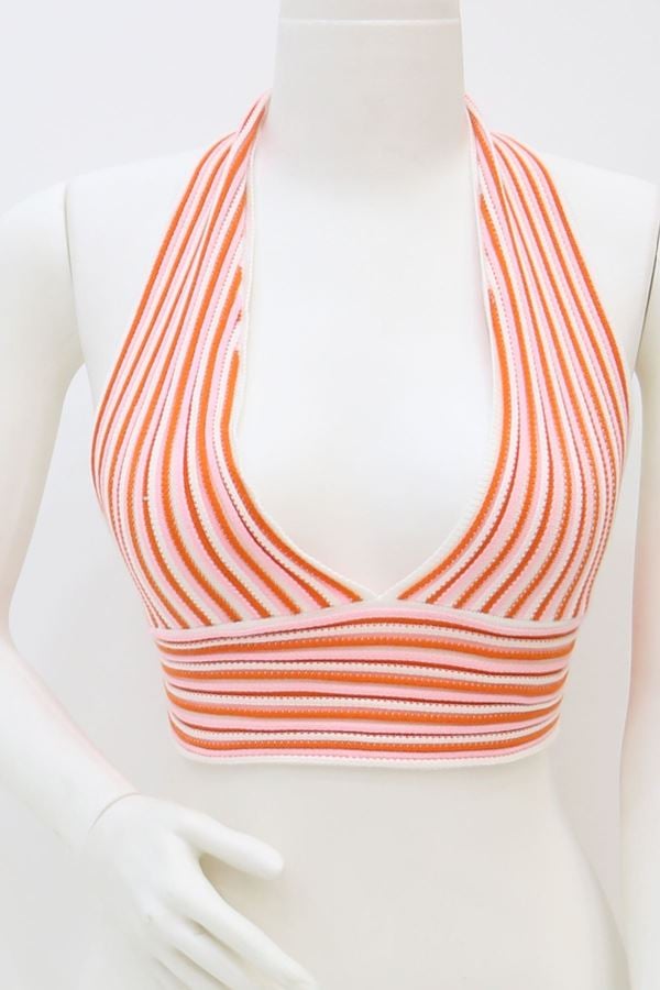 Çizgili Boyun Bağlamalı Crop Turuncubeyaz - 41429.1966.