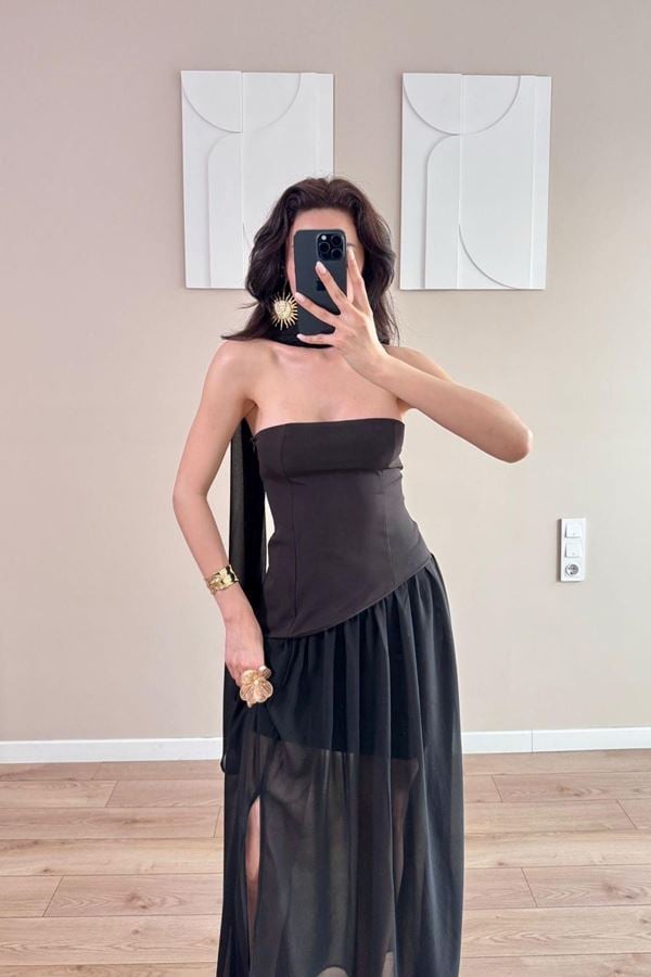 Loch Straplez Şifon Elbise Siyah - 2618.1997.