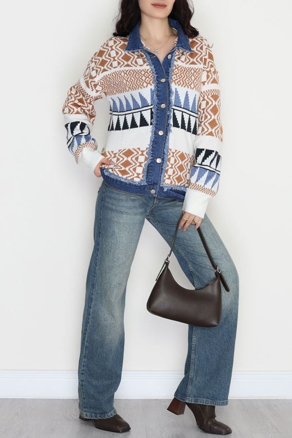 Desenli Triko Ceket Mavibeyaz - 2316.1765.