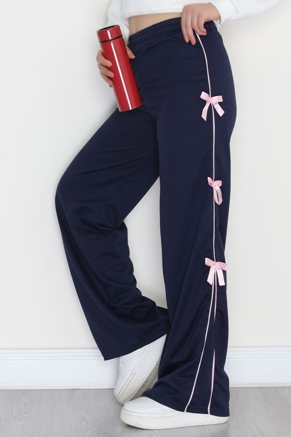 Özel Tasarım Biyeli Kurdeleli İki İplik Eşofman Altı Lacivert - 70192.1857.