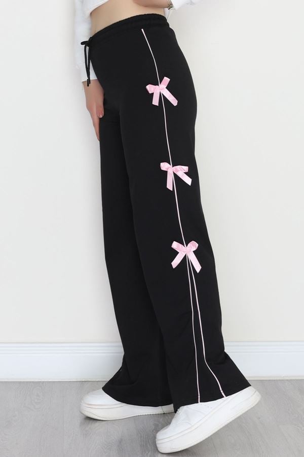 Özel Tasarım Biyeli Kurdeleli İki İplik Eşofman Altı Siyah - 70192.1857.