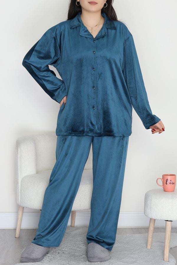Büyük Beden Likralı Fransız Kadife Pijama Takımı Zümrüt - 42067.1049.