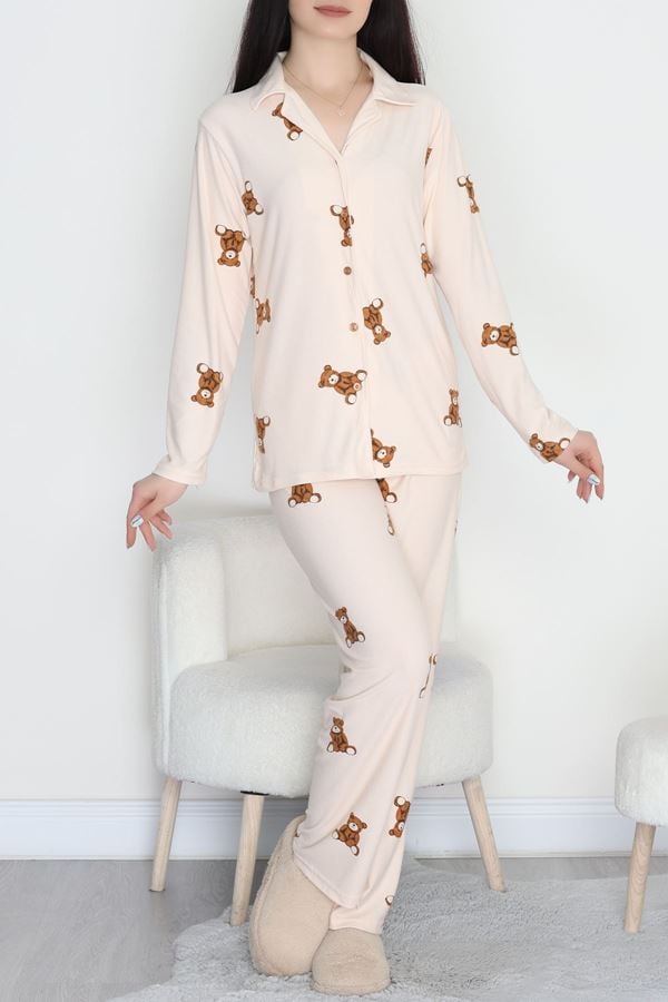 Düğmeli Süet Pijama Takımı Bejkahve1 - 450.1287.