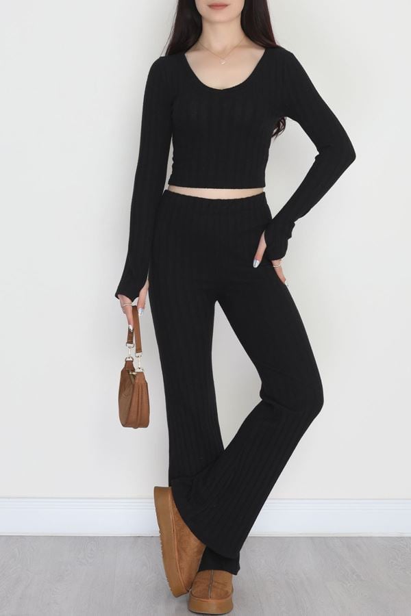 Parmak Geçmeli V Yaka İspanyol Pantolon Crop Takım Siyah - 90960.1748.