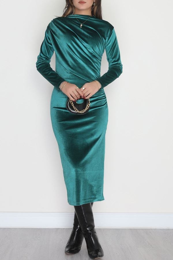 Drapeli İthal Kadife Elbise Zümrüt - 42583.1949.