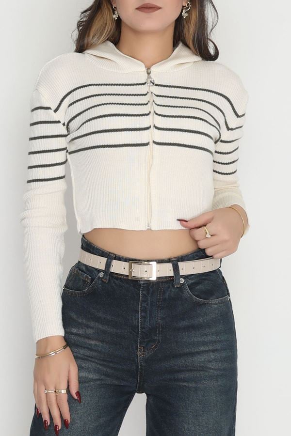 Kapşonlu Çizgili Triko Ekruhaki - 42468.2043.