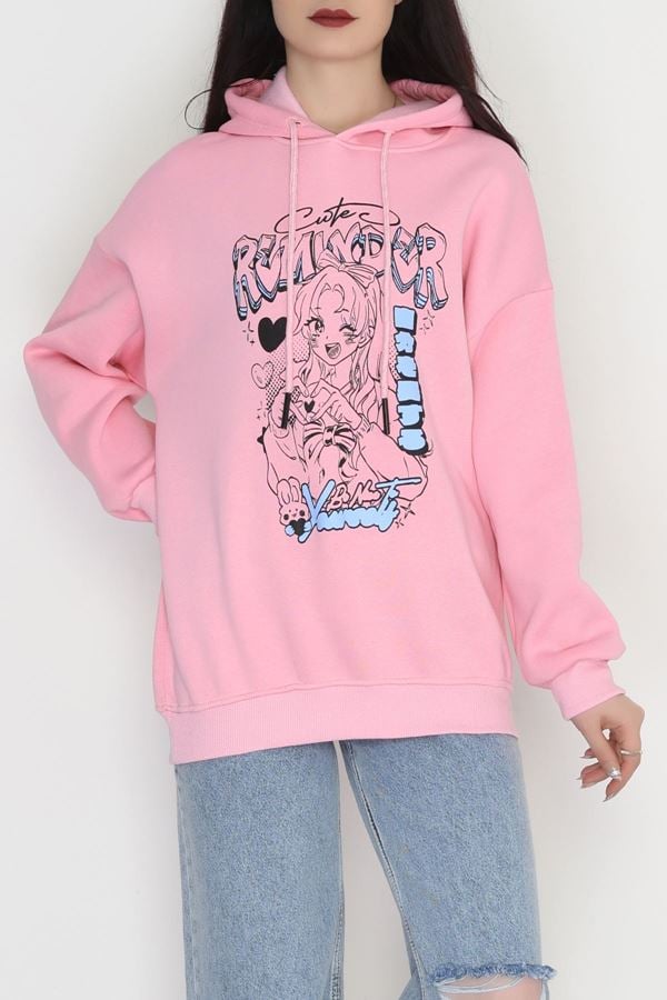 3 İplik Kapşonlu Baskılı Sweat Pembe - 42224.1878.