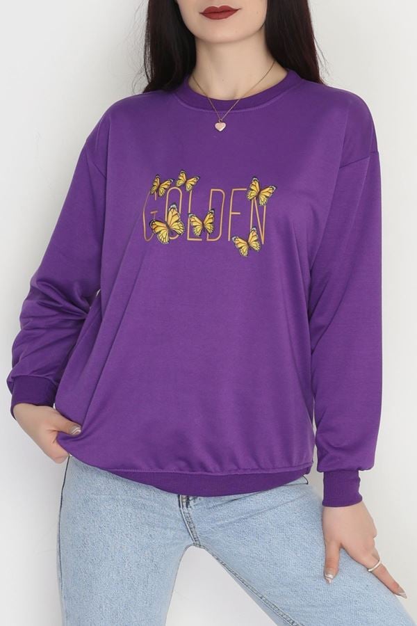 2 İplik Baskılı Sweatshirt Mor - 31303.1878.