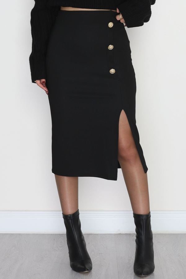 Ottoman Kumaş Düğme Detaylı Kalem Etek Siyah - 51046.1223.