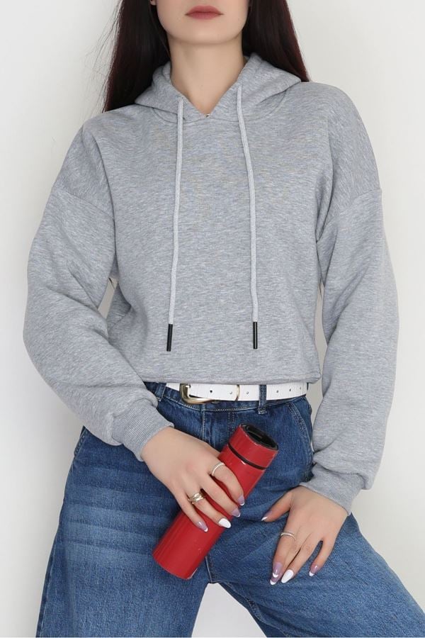 3 İplik Kapşonlu Crop Sweat Gri - 20959.1878.