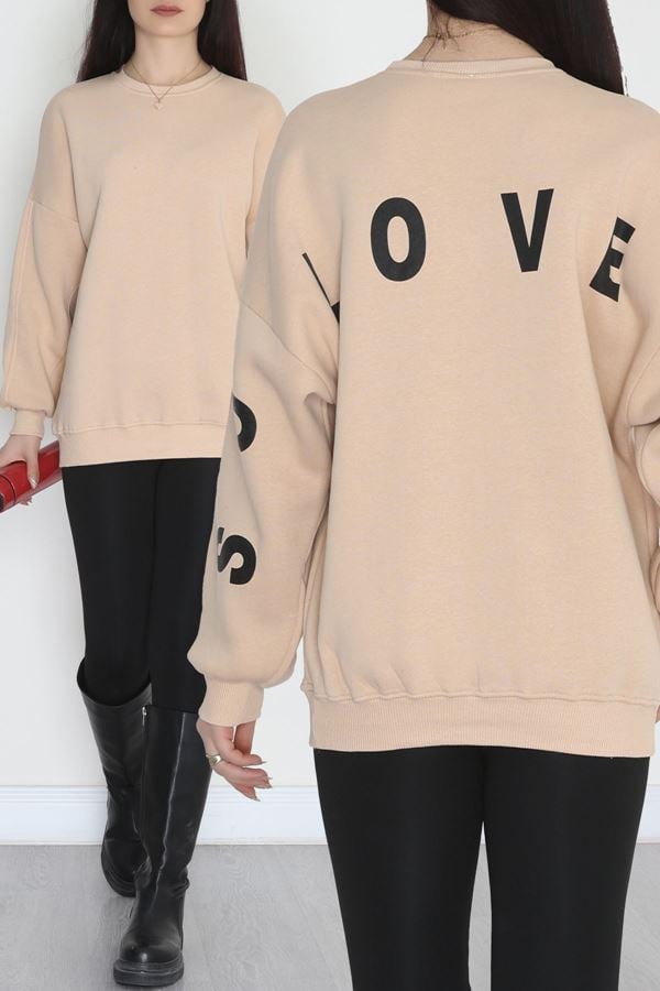 3 İplik Şardonlu Oversize Sweat Bej - 50918.1878.