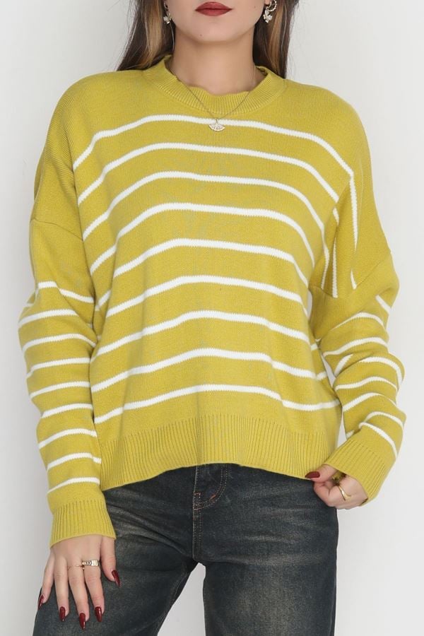 Çizgili Bisiklet Yaka Triko Yağyeşilibeyaz - 3099.1577.