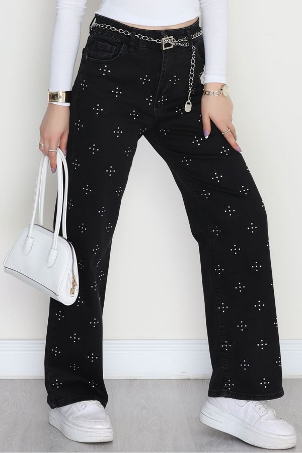 Taşlı Palazzo Kot Pantolon Füme - 31527.2001.