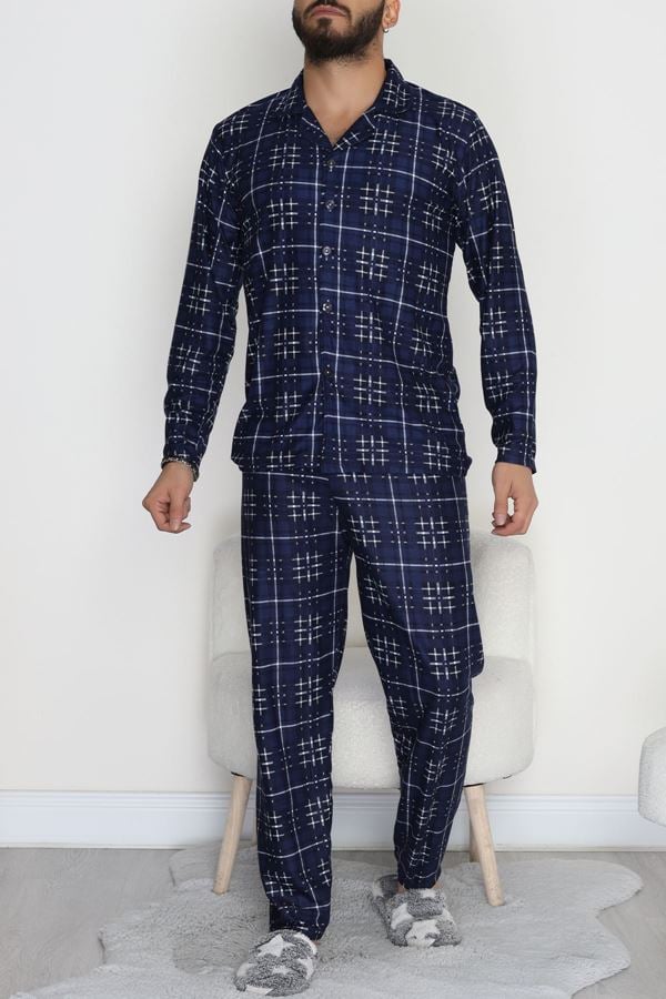 Düğmeli Süet Erkek Pijama Takımı Lacivert - 42641.1951.
