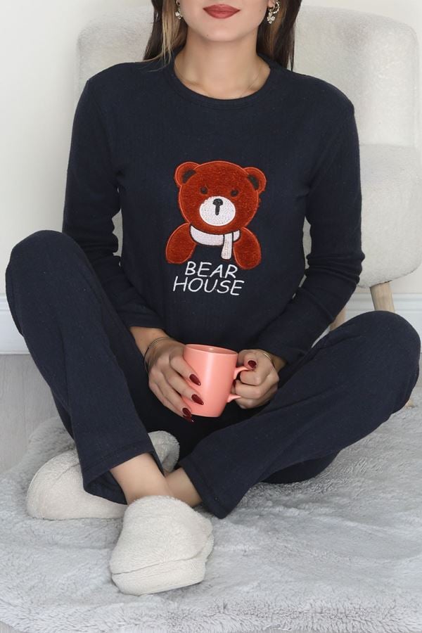 Nakışlı İnterlok Pijama Takımı Lacivert - 800.1287.