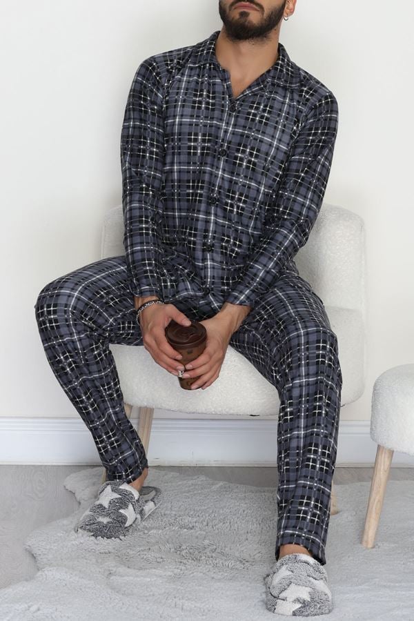 Düğmeli Süet Erkek Pijama Takımı Füme - 42641.1951.