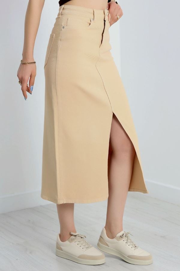 Önü Yırtmaçlı Kot Etek Camel - 2532.1367.