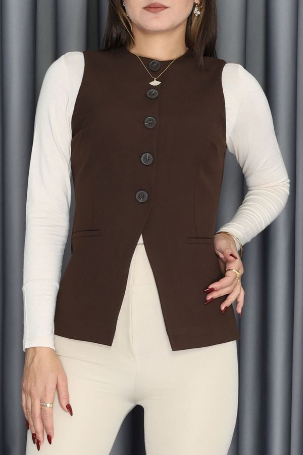 Quzu Düğmeli V Kesim Kolsuz Yelek Kahve - 90171.2002.