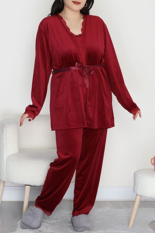 Fransız Kadife Battal Pijama Takımı Bordo - 175.1287.