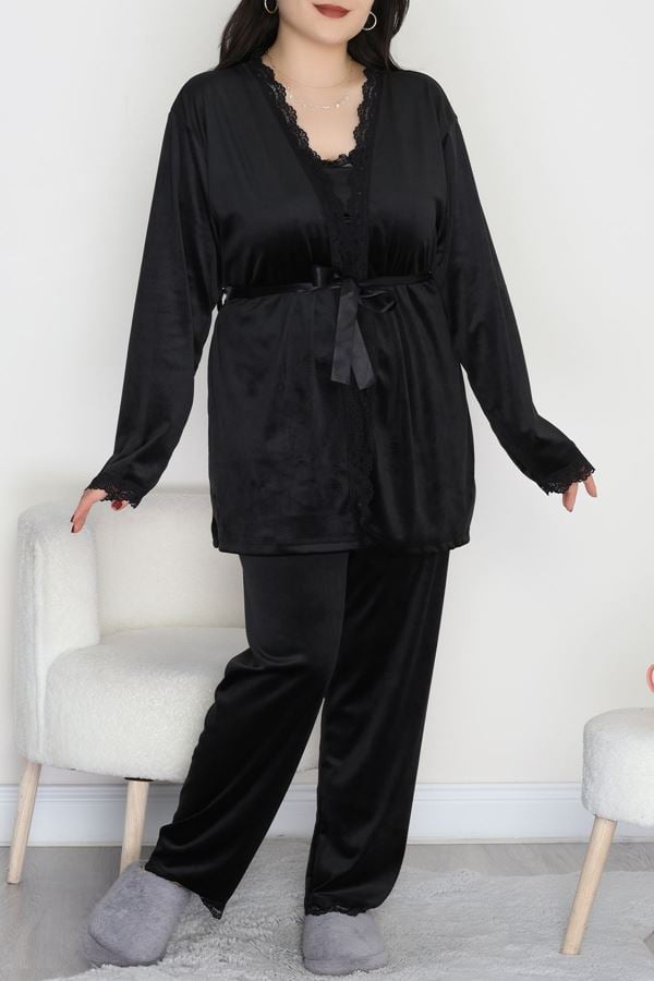 Fransız Kadife Battal Pijama Takımı Siyah - 175.1287.