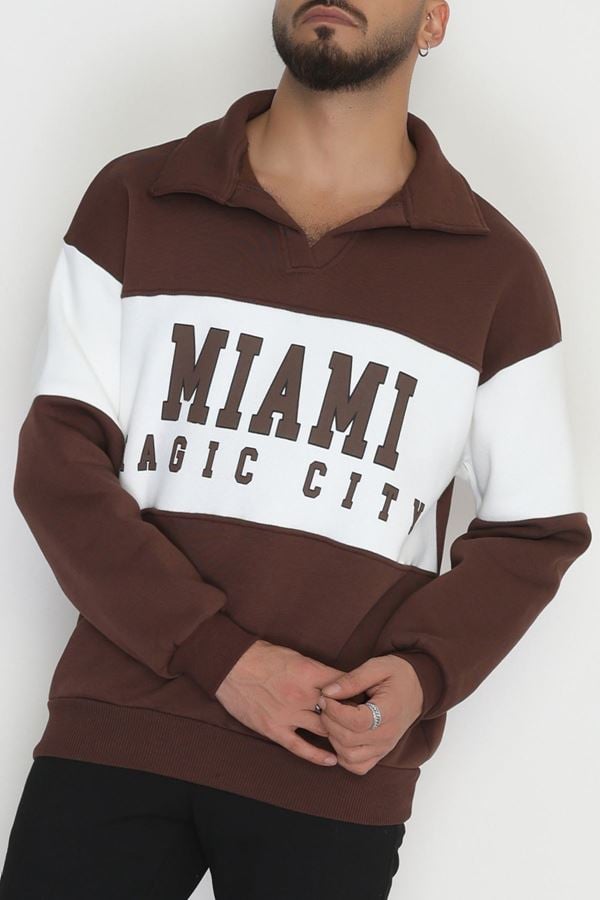 3 İplik Şardonlu Baskılı Erkek Sweat Kahvebeyaz - 31611.1872.