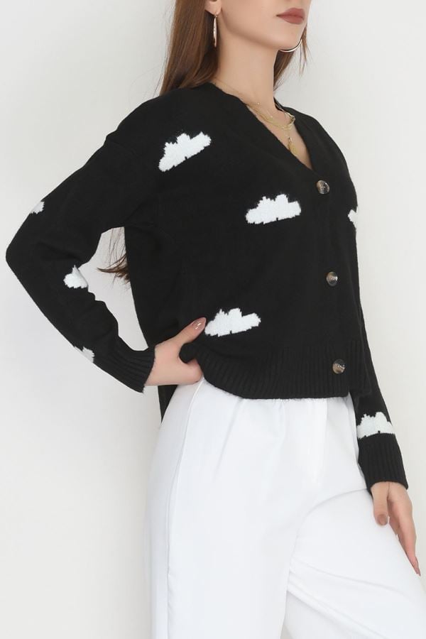 Şardonlu Düğmeli Hırka Siyahtaş - 31059.1766.